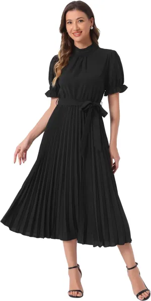 Allegra K Women's Summer Pleated Midi Dress Casual Ruffled Neck Short Sleeve Belted A-Line Flowy Dresses