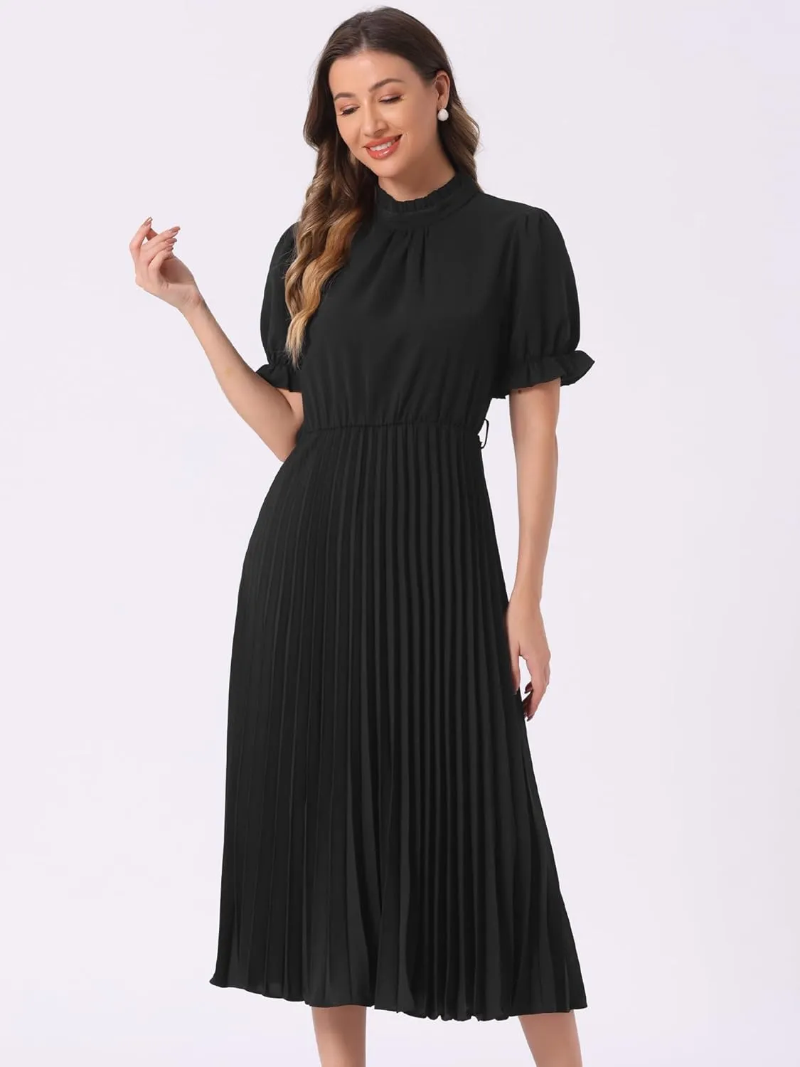 Allegra K Women's Summer Pleated Midi Dress Casual Ruffled Neck Short Sleeve Belted A-Line Flowy Dresses