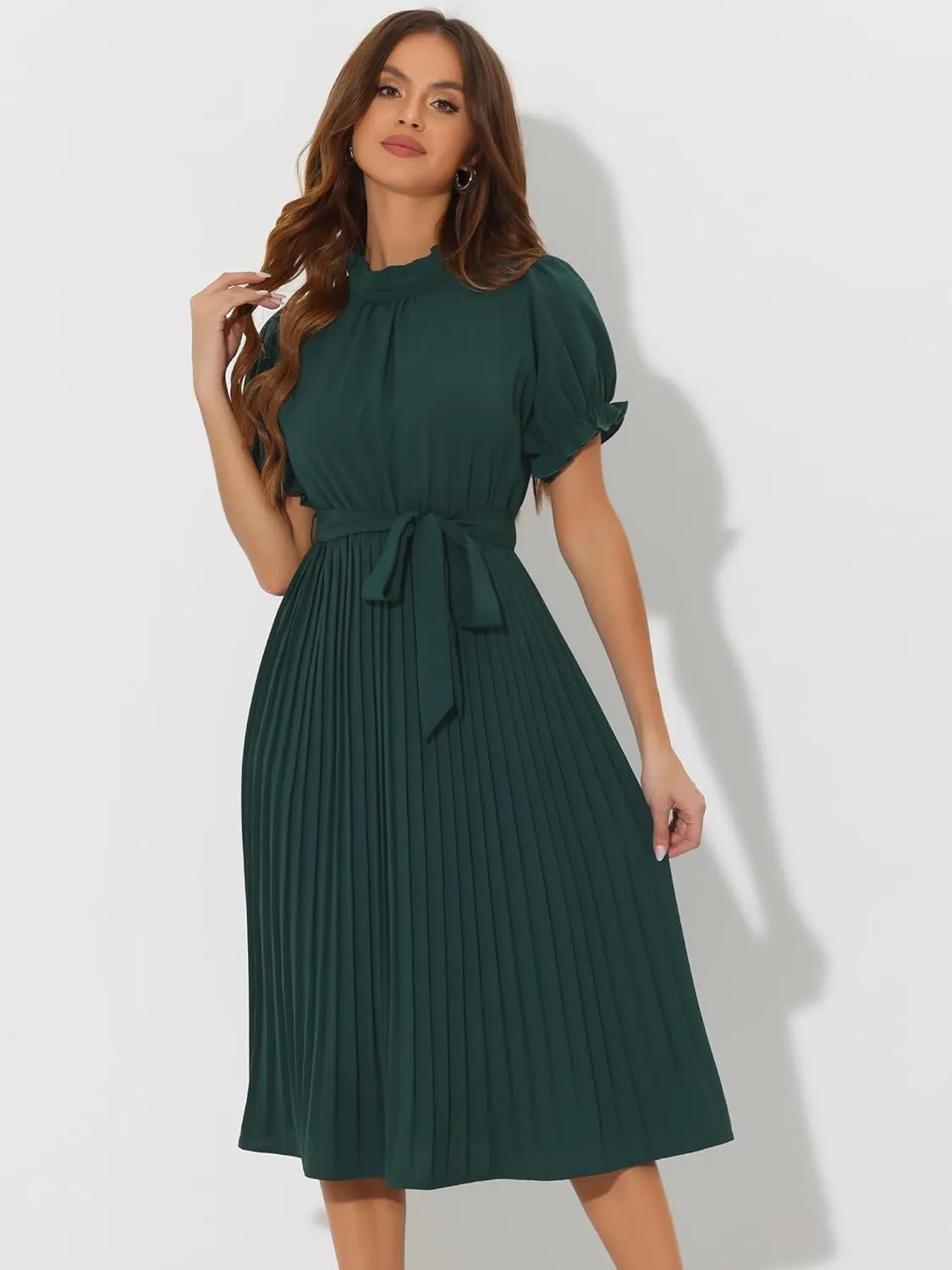 Allegra K Women's Summer Pleated Midi Dress Casual Ruffled Neck Short Sleeve Belted A-Line Flowy Dresses