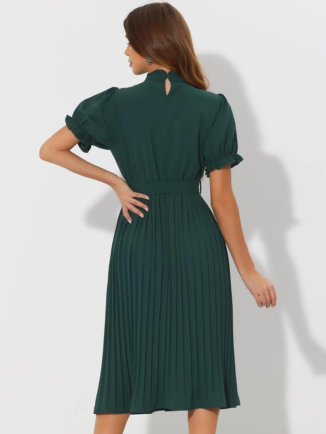 Allegra K Women's Summer Pleated Midi Dress Casual Ruffled Neck Short Sleeve Belted A-Line Flowy Dresses