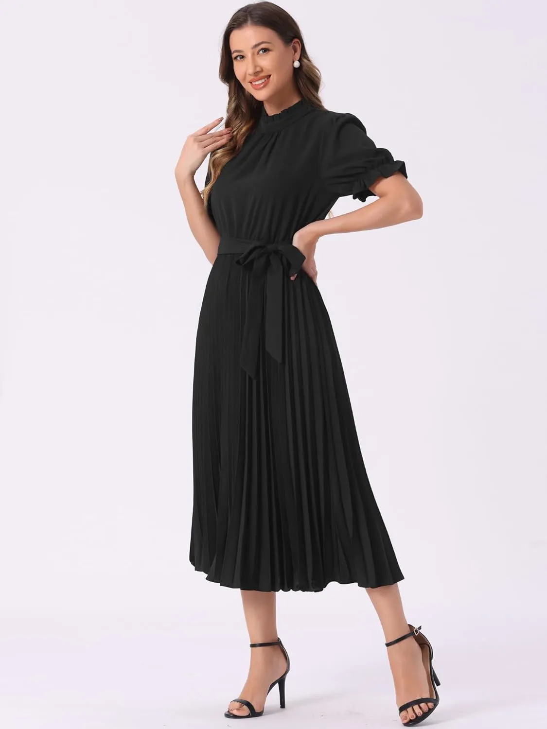 Allegra K Women's Summer Pleated Midi Dress Casual Ruffled Neck Short Sleeve Belted A-Line Flowy Dresses
