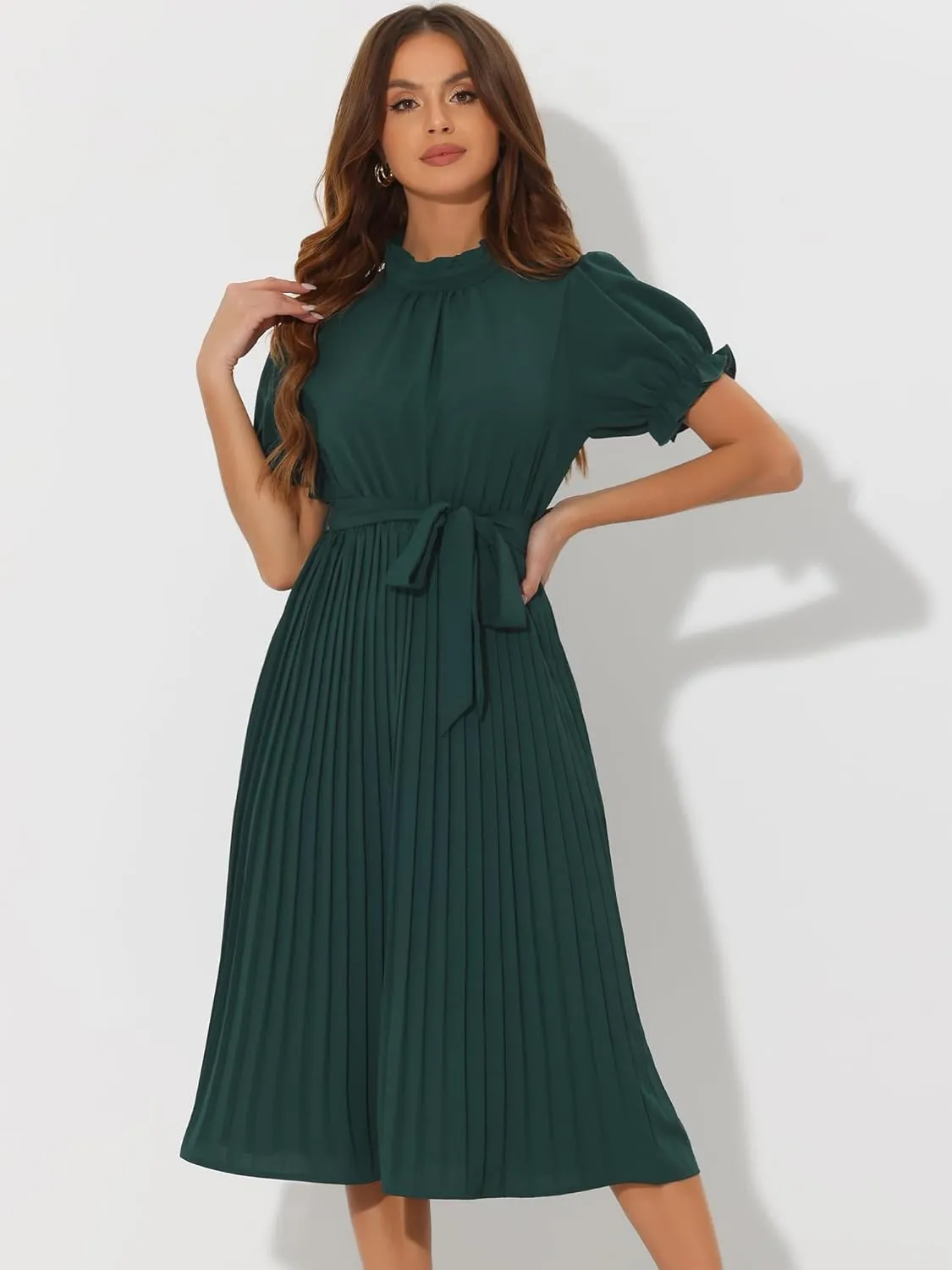 Allegra K Women's Summer Pleated Midi Dress Casual Ruffled Neck Short Sleeve Belted A-Line Flowy Dresses