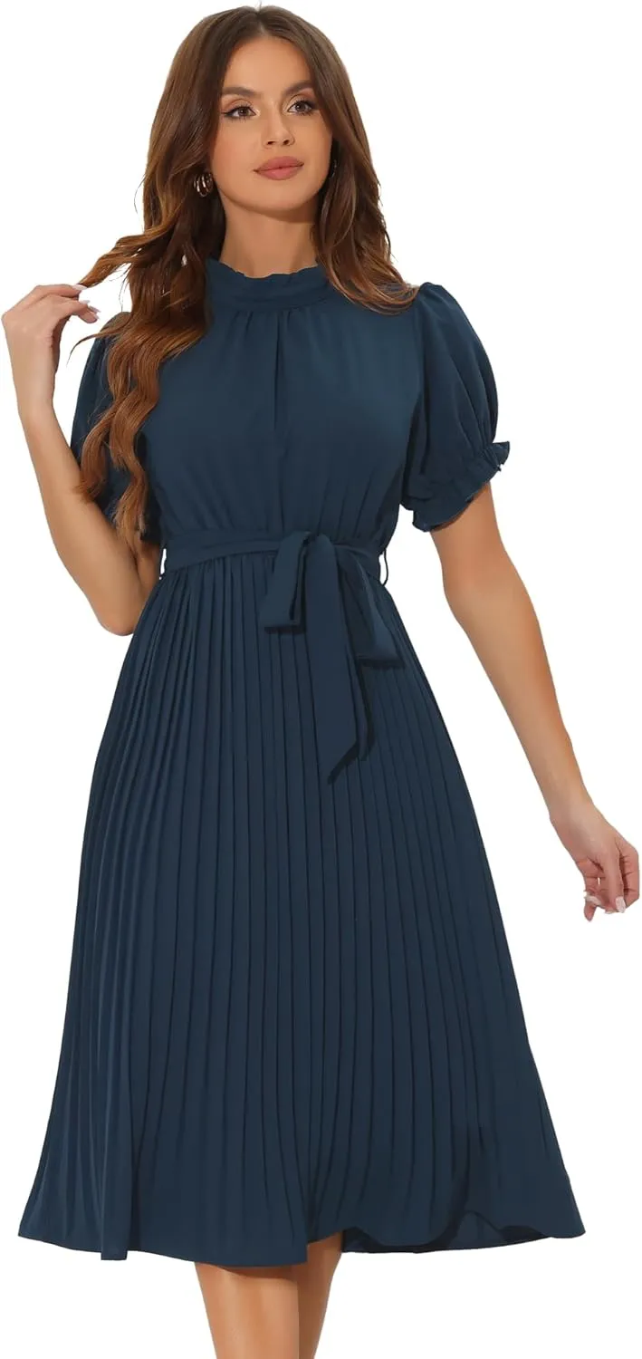 Allegra K Women's Summer Pleated Midi Dress Casual Ruffled Neck Short Sleeve Belted A-Line Flowy Dresses