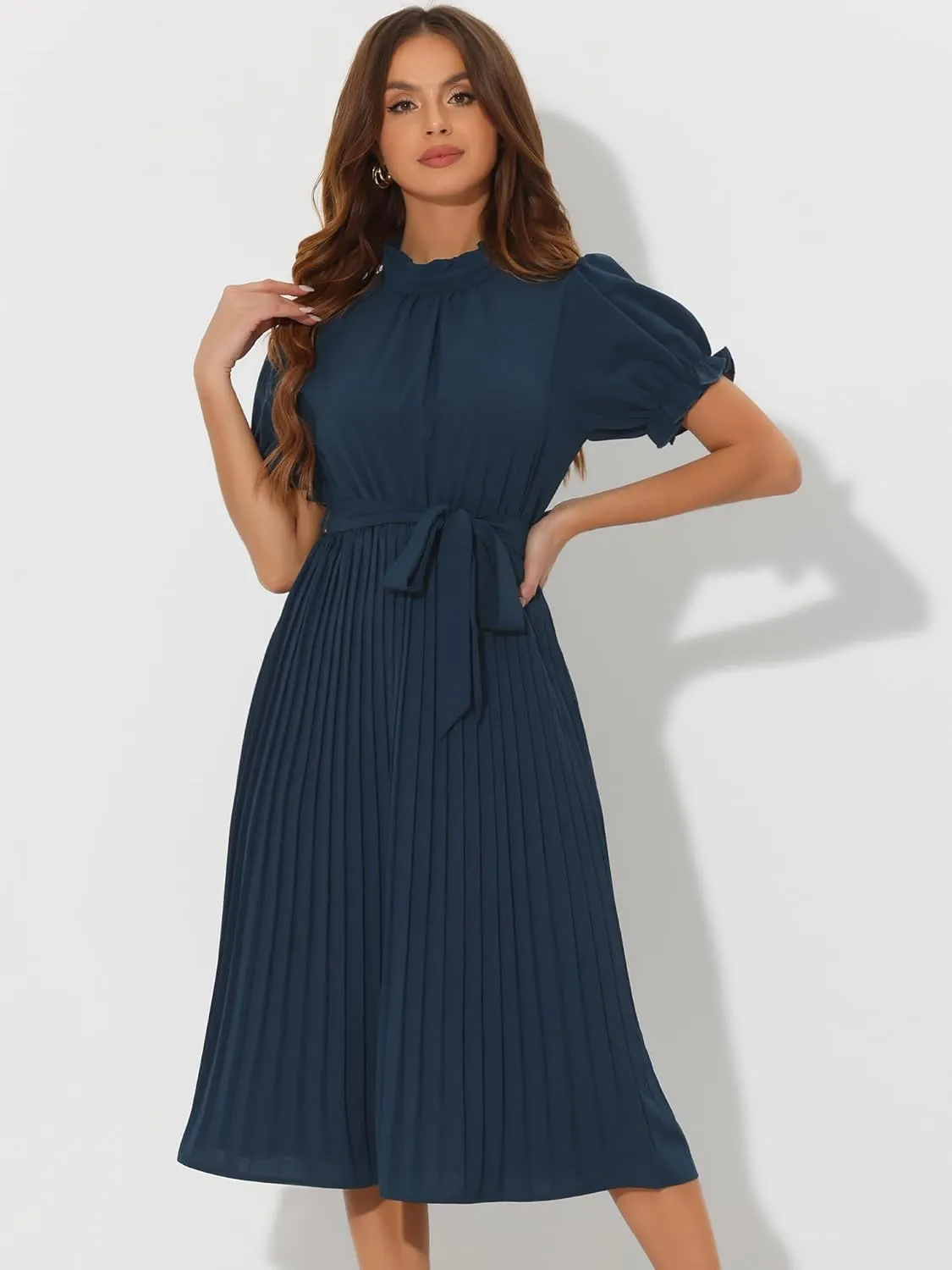 Allegra K Women's Summer Pleated Midi Dress Casual Ruffled Neck Short Sleeve Belted A-Line Flowy Dresses