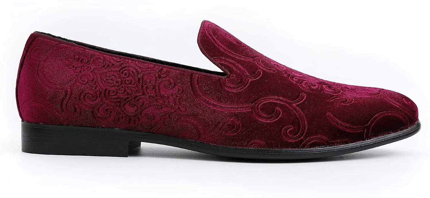 Amali King - Men's Slippers - Mens Loafers - Designer Shoes for Men - Tuxedo Shoes - Velvet Loafers Men - Embossed Paisley Pattern, Satin Band and Trim