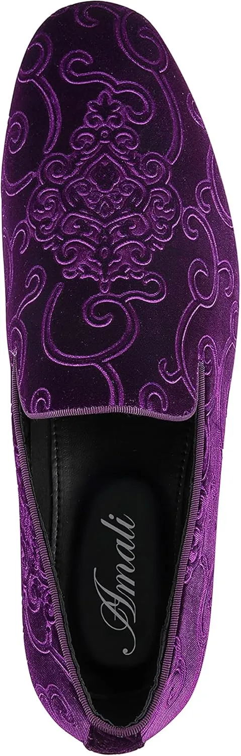 Amali King - Men's Slippers - Mens Loafers - Designer Shoes for Men - Tuxedo Shoes - Velvet Loafers Men - Embossed Paisley Pattern, Satin Band and Trim
