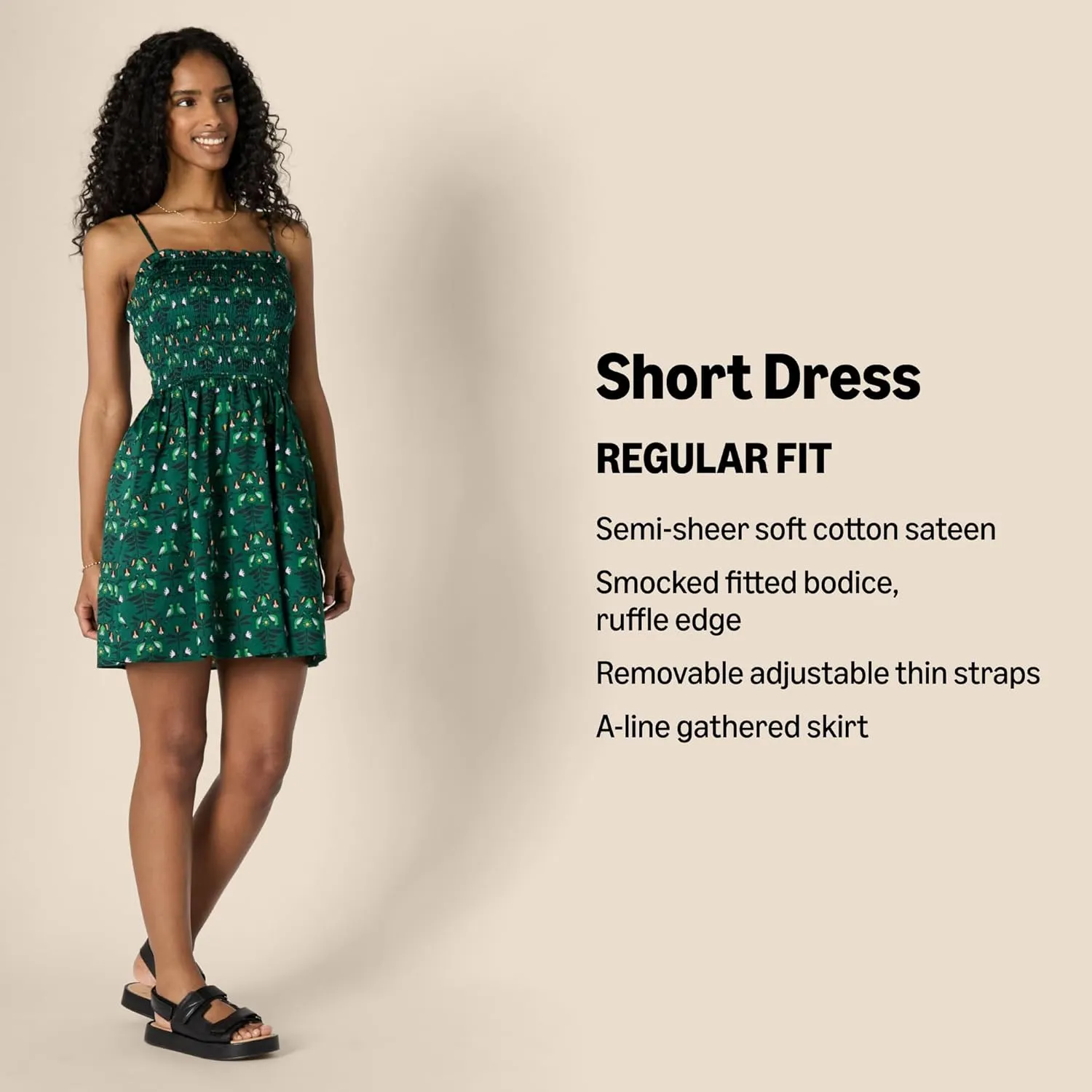 Amazon Essentials Women's Regular-Fit Cotton Sateen Smocked Bodice Short Dress