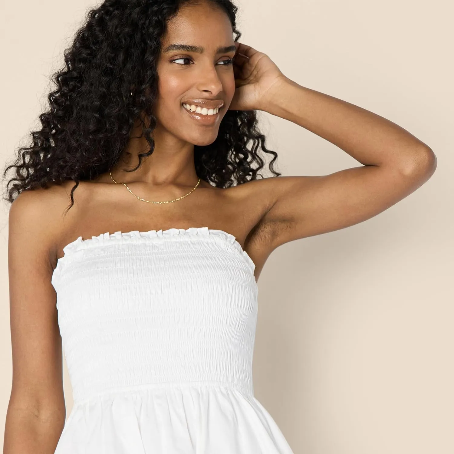 Amazon Essentials Women's Regular-Fit Cotton Sateen Smocked Bodice Short Dress
