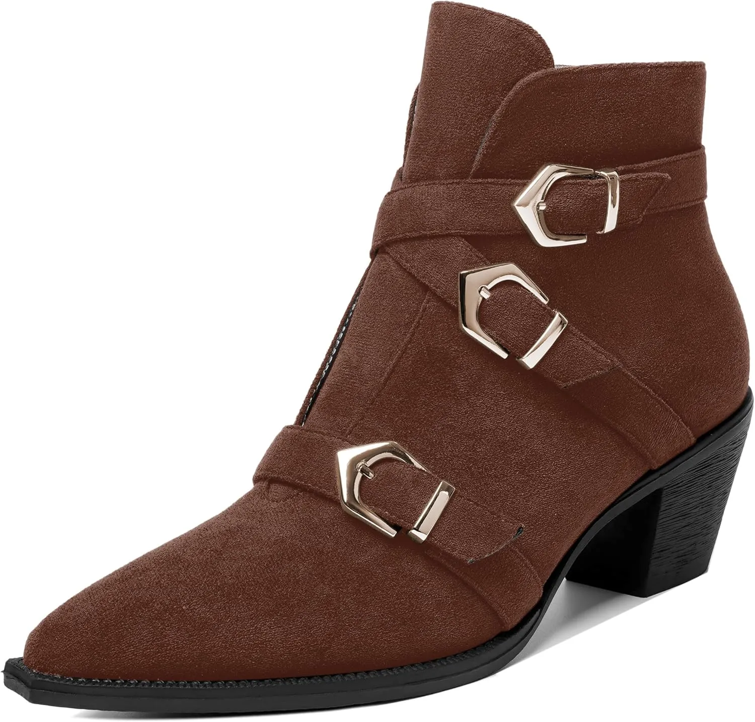 AMBELIGHT Womens School Bukcle Zip Suede Fashion Pointed Toe Chunky Low Heel Ankle High Boots 2.5 Inch
