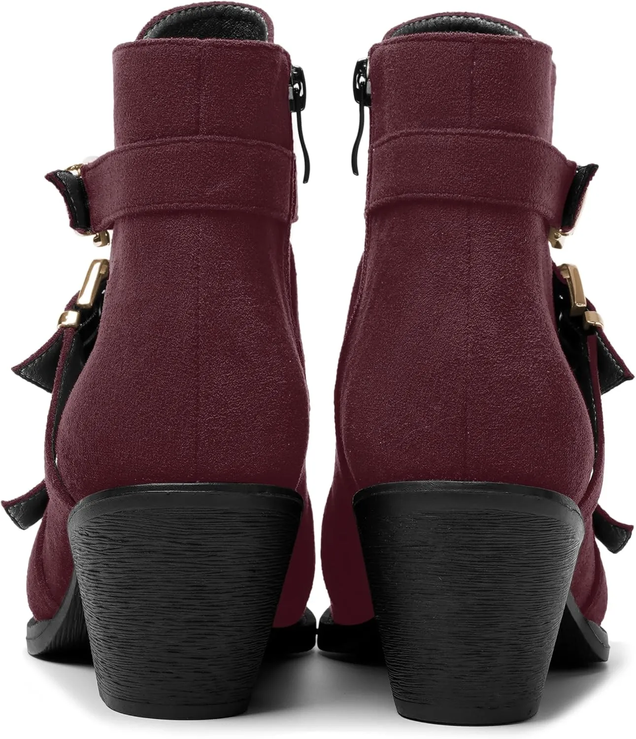 AMBELIGHT Womens School Bukcle Zip Suede Fashion Pointed Toe Chunky Low Heel Ankle High Boots 2.5 Inch