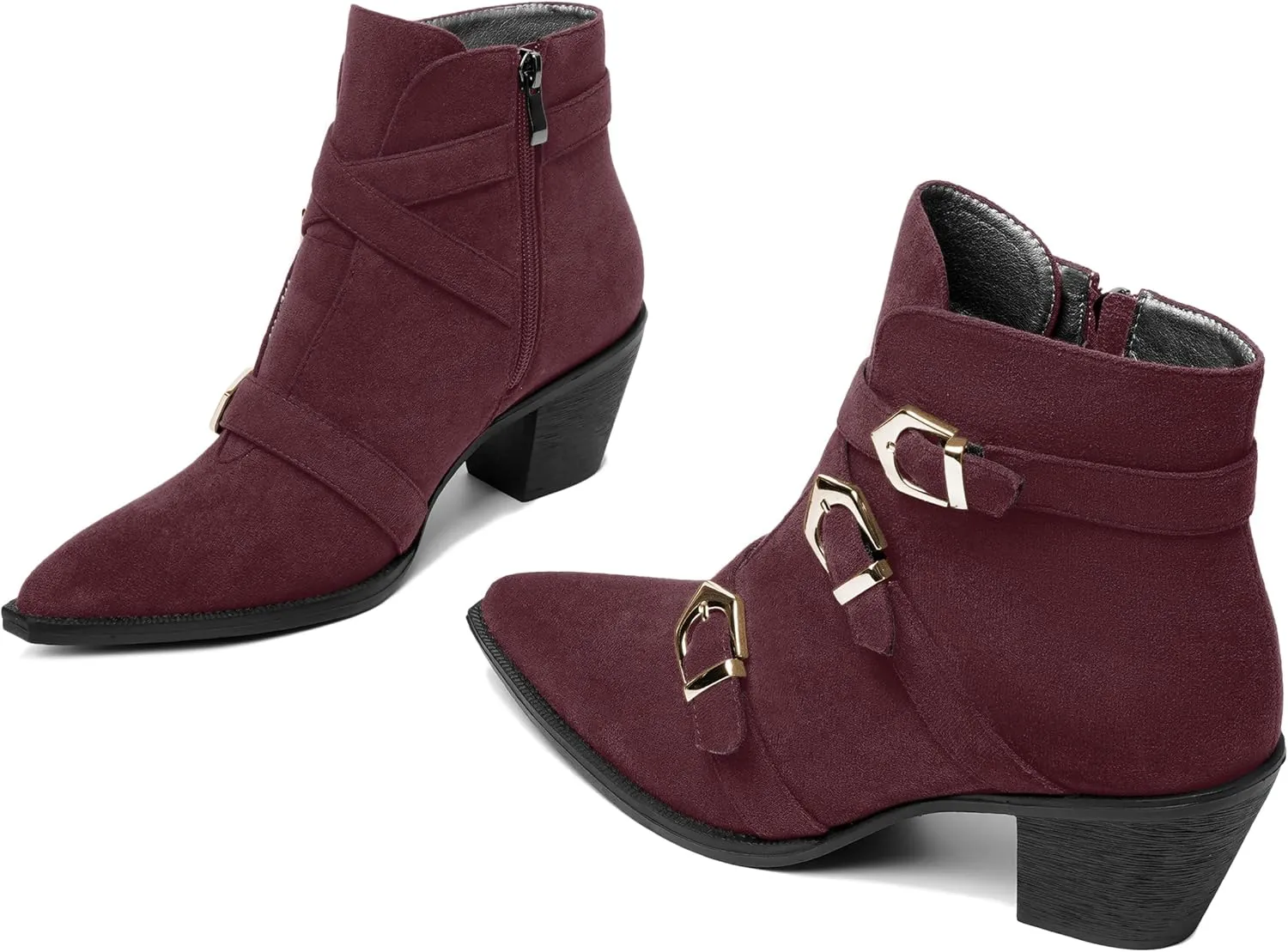 AMBELIGHT Womens School Bukcle Zip Suede Fashion Pointed Toe Chunky Low Heel Ankle High Boots 2.5 Inch