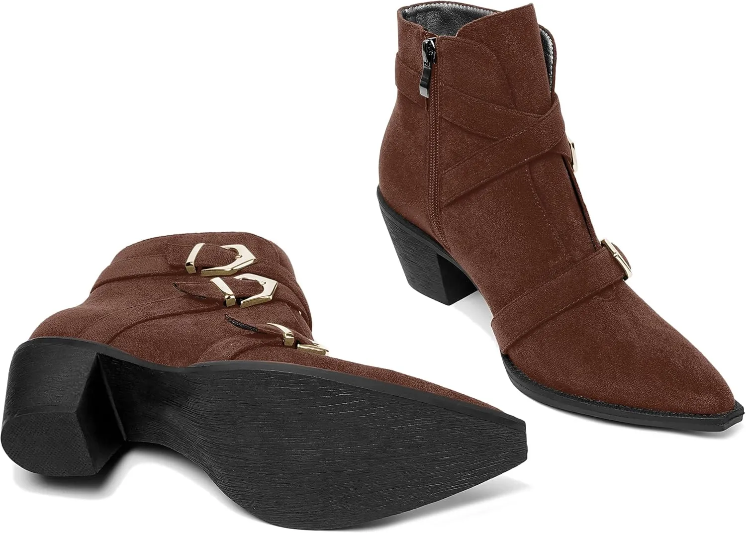 AMBELIGHT Womens School Bukcle Zip Suede Fashion Pointed Toe Chunky Low Heel Ankle High Boots 2.5 Inch