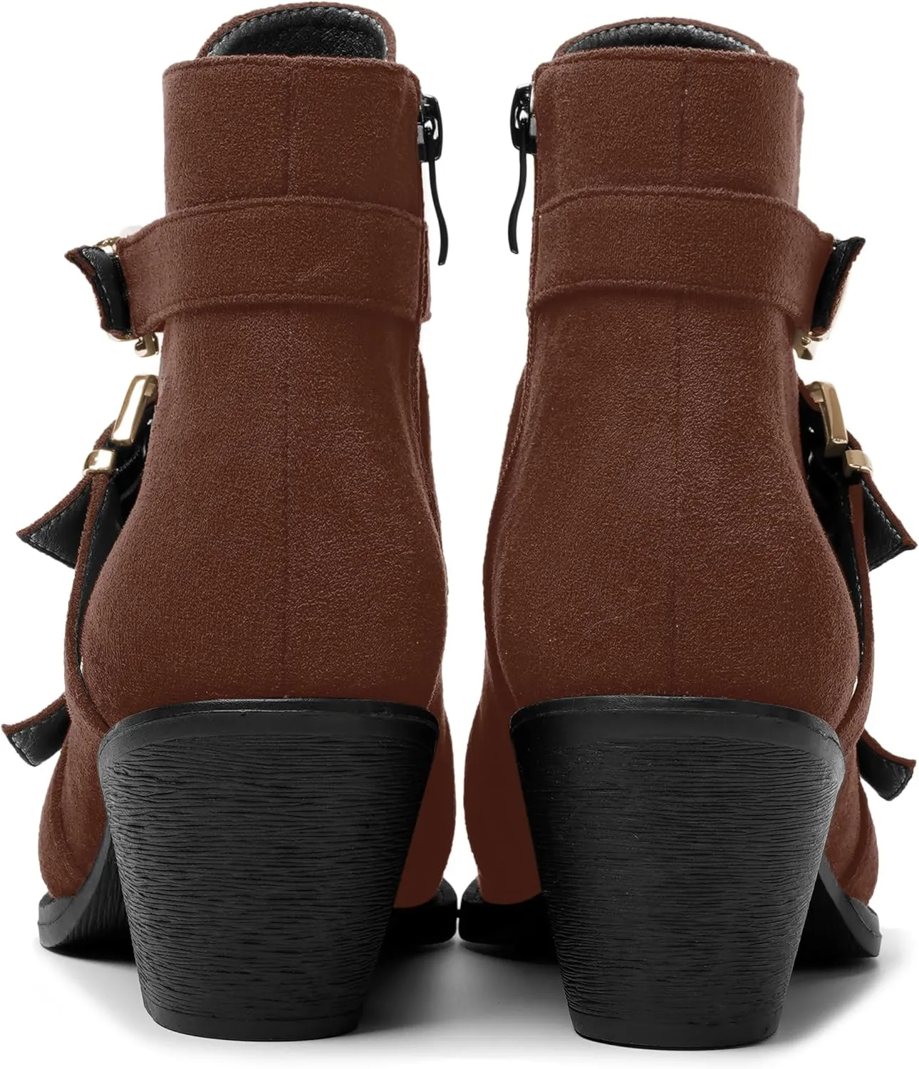 AMBELIGHT Womens School Bukcle Zip Suede Fashion Pointed Toe Chunky Low Heel Ankle High Boots 2.5 Inch