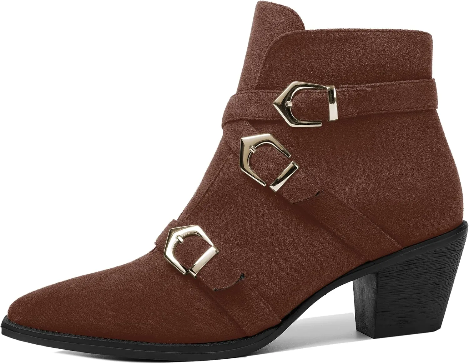 AMBELIGHT Womens School Bukcle Zip Suede Fashion Pointed Toe Chunky Low Heel Ankle High Boots 2.5 Inch