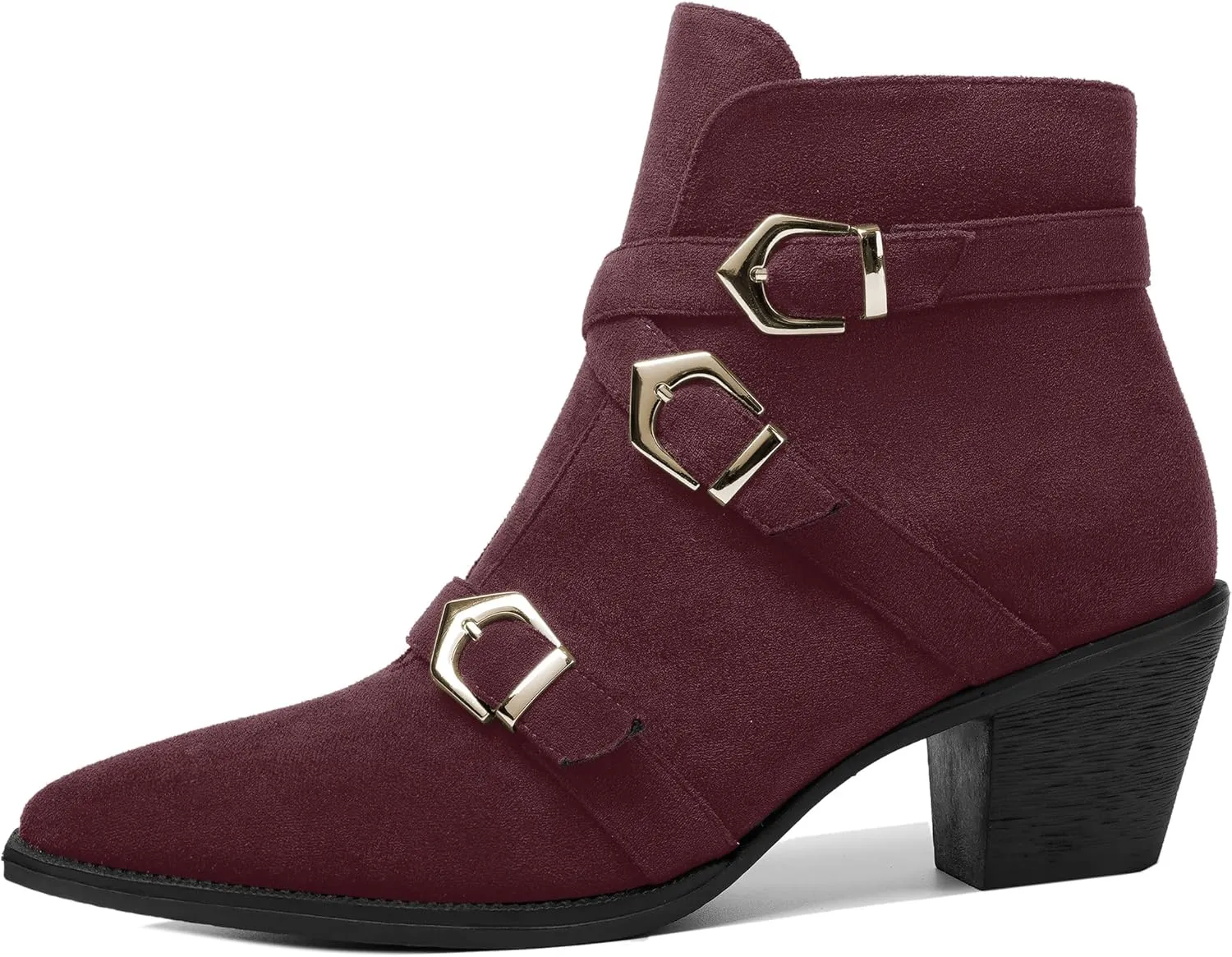 AMBELIGHT Womens School Bukcle Zip Suede Fashion Pointed Toe Chunky Low Heel Ankle High Boots 2.5 Inch