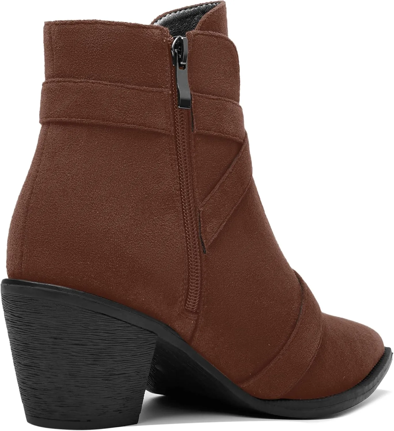 AMBELIGHT Womens School Bukcle Zip Suede Fashion Pointed Toe Chunky Low Heel Ankle High Boots 2.5 Inch