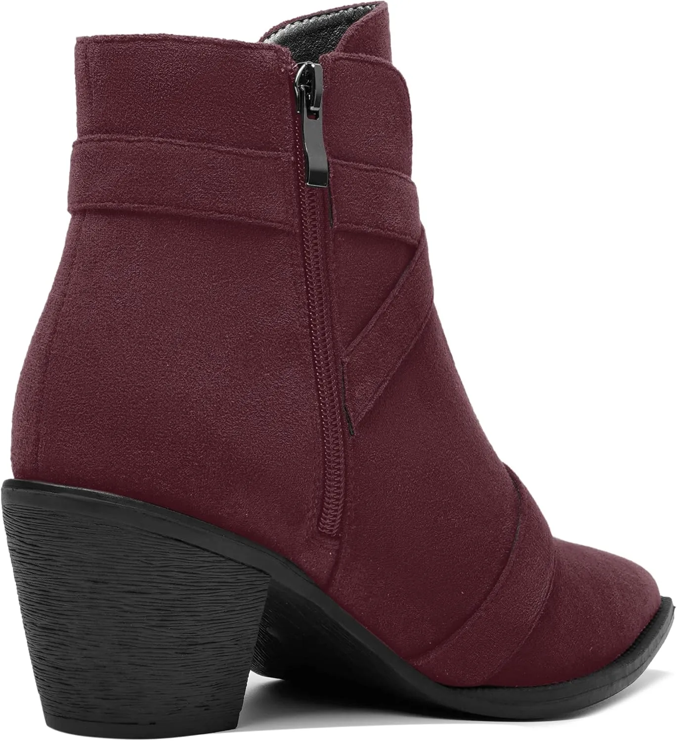 AMBELIGHT Womens School Bukcle Zip Suede Fashion Pointed Toe Chunky Low Heel Ankle High Boots 2.5 Inch