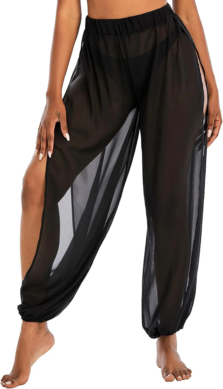 American Trends Sheer Beach Mesh Swimsuit Cover Up Harem Pants for Women High Slit See Through