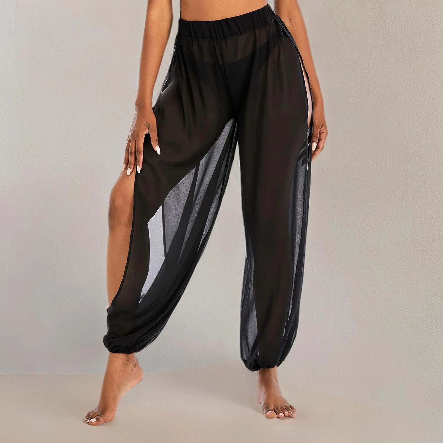 American Trends Sheer Beach Mesh Swimsuit Cover Up Harem Pants for Women High Slit See Through