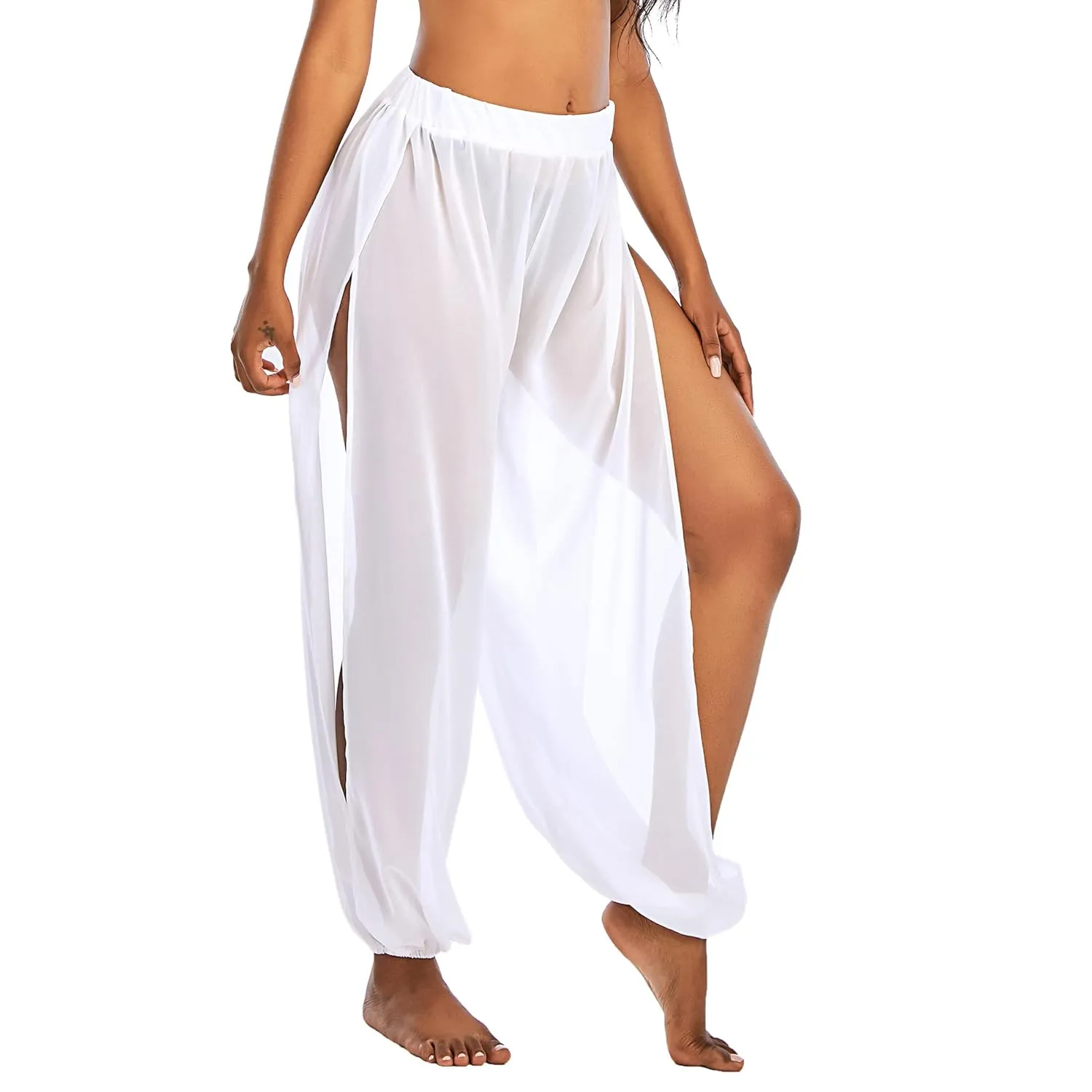 American Trends Sheer Beach Mesh Swimsuit Cover Up Harem Pants for Women High Slit See Through