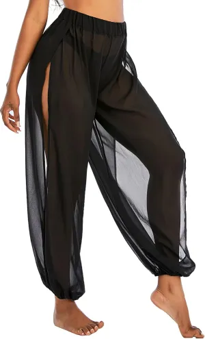 American Trends Sheer Beach Mesh Swimsuit Cover Up Harem Pants for Women High Slit See Through