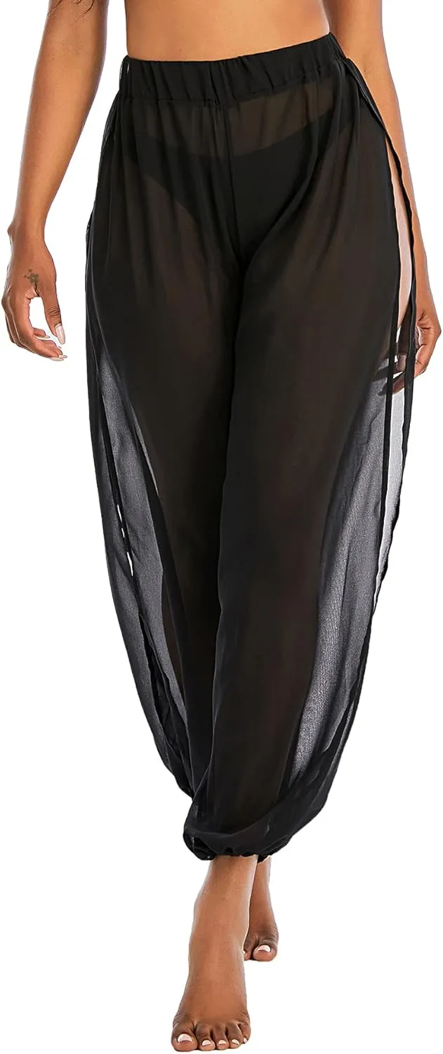 American Trends Sheer Beach Mesh Swimsuit Cover Up Harem Pants for Women High Slit See Through