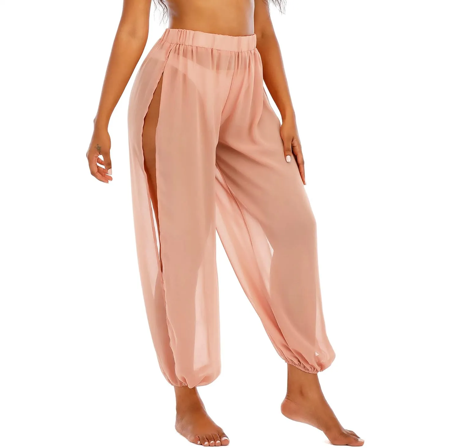 American Trends Sheer Beach Mesh Swimsuit Cover Up Harem Pants for Women High Slit See Through