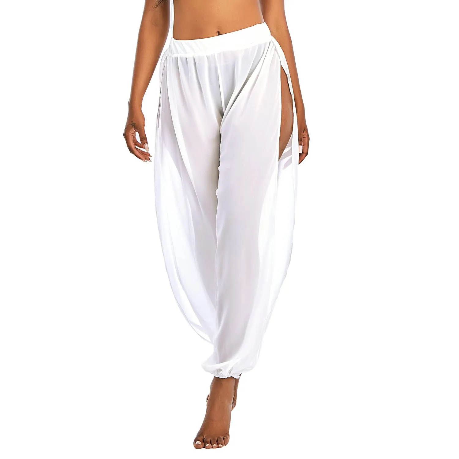 American Trends Sheer Beach Mesh Swimsuit Cover Up Harem Pants for Women High Slit See Through