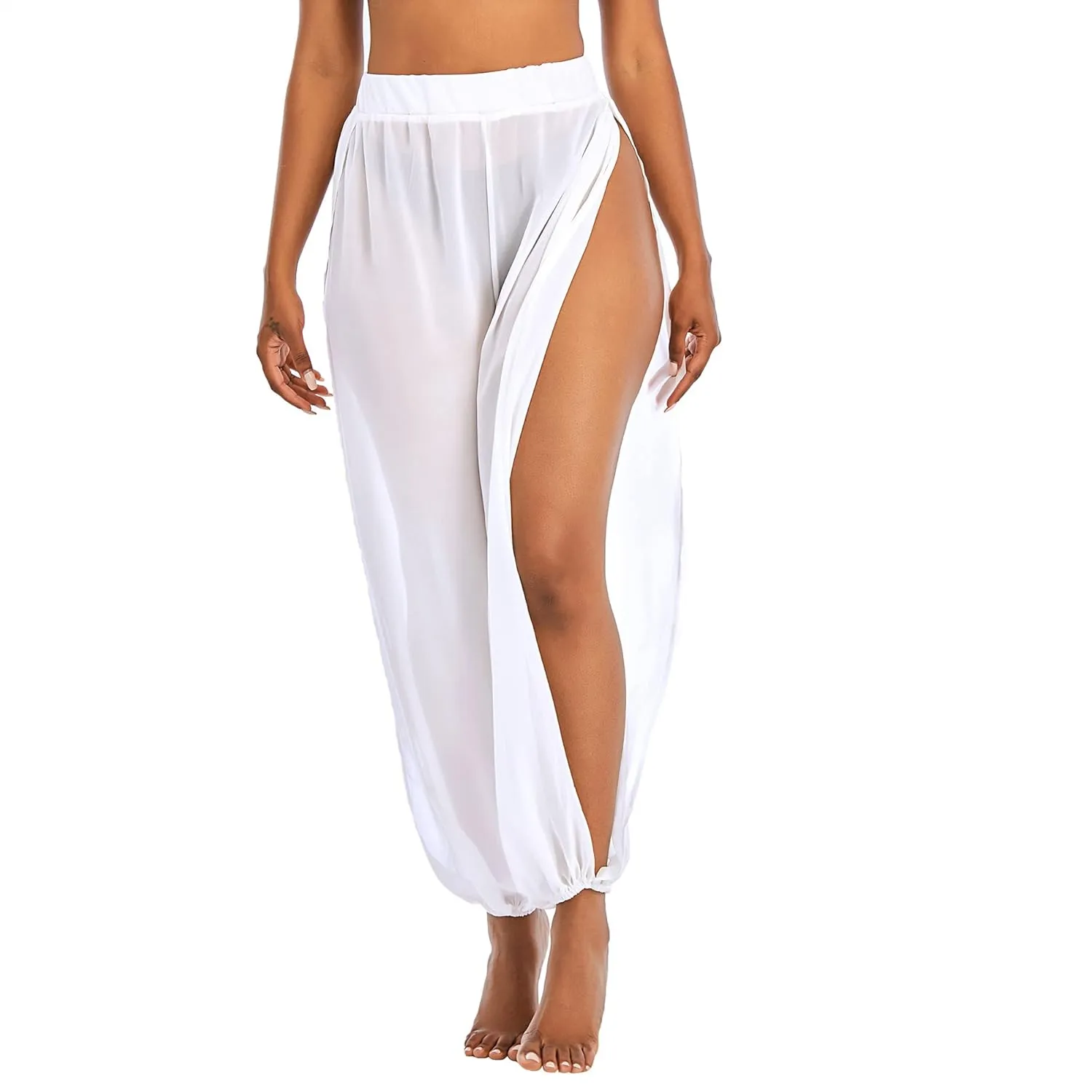 American Trends Sheer Beach Mesh Swimsuit Cover Up Harem Pants for Women High Slit See Through