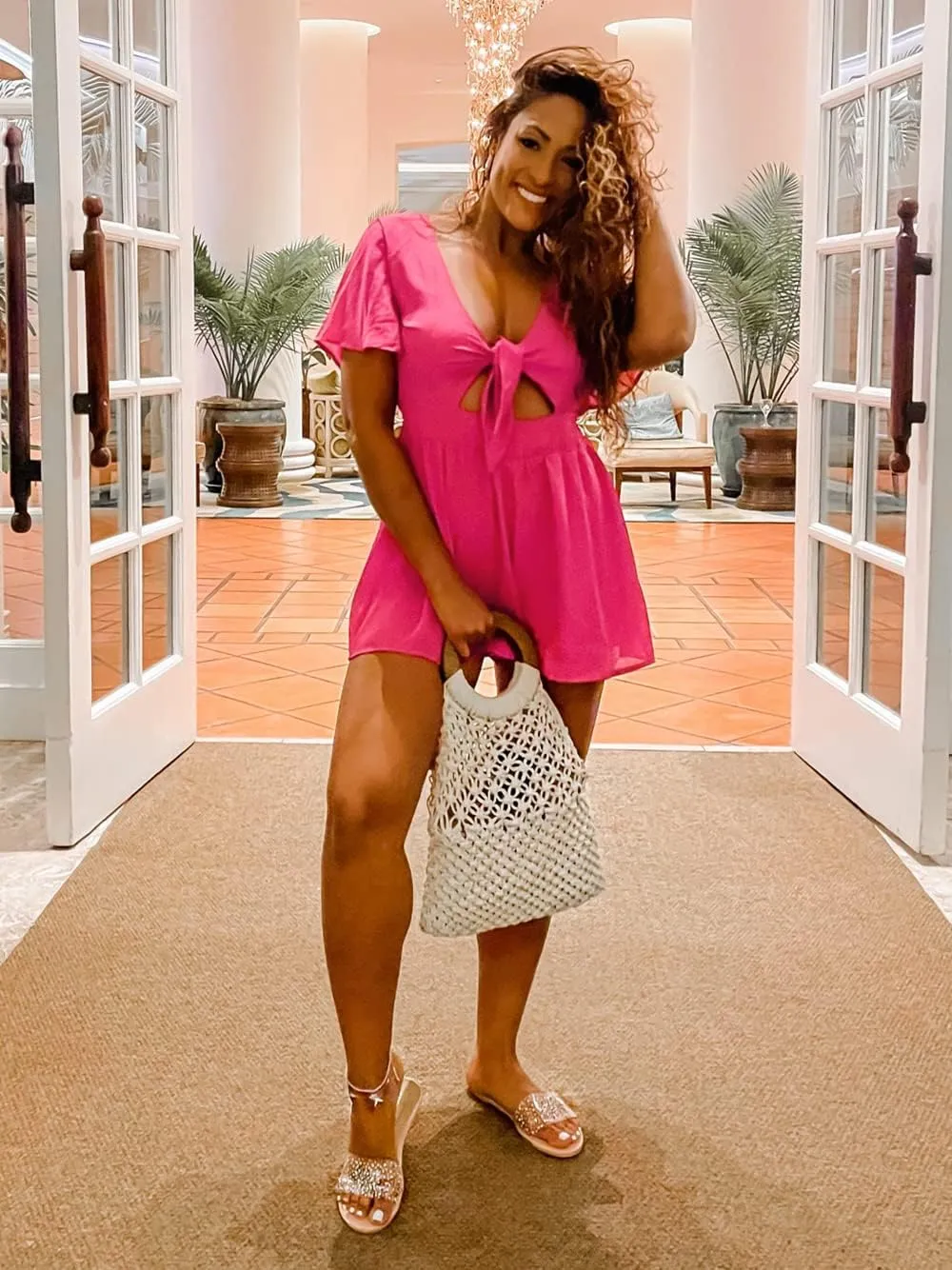 Aoysky Womens Summer Short Rompers Sexy Cute Loose Tie Front Jumpsuit Casual V Neck Wide Leg Beach Overalls