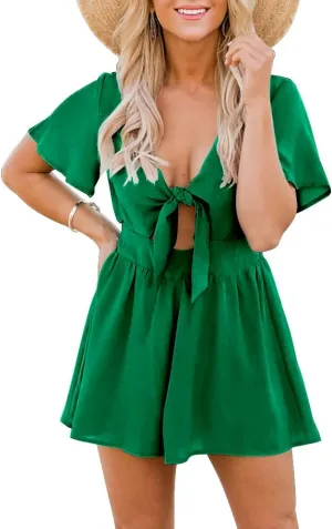 Aoysky Womens Summer Short Rompers Sexy Cute Loose Tie Front Jumpsuit Casual V Neck Wide Leg Beach Overalls