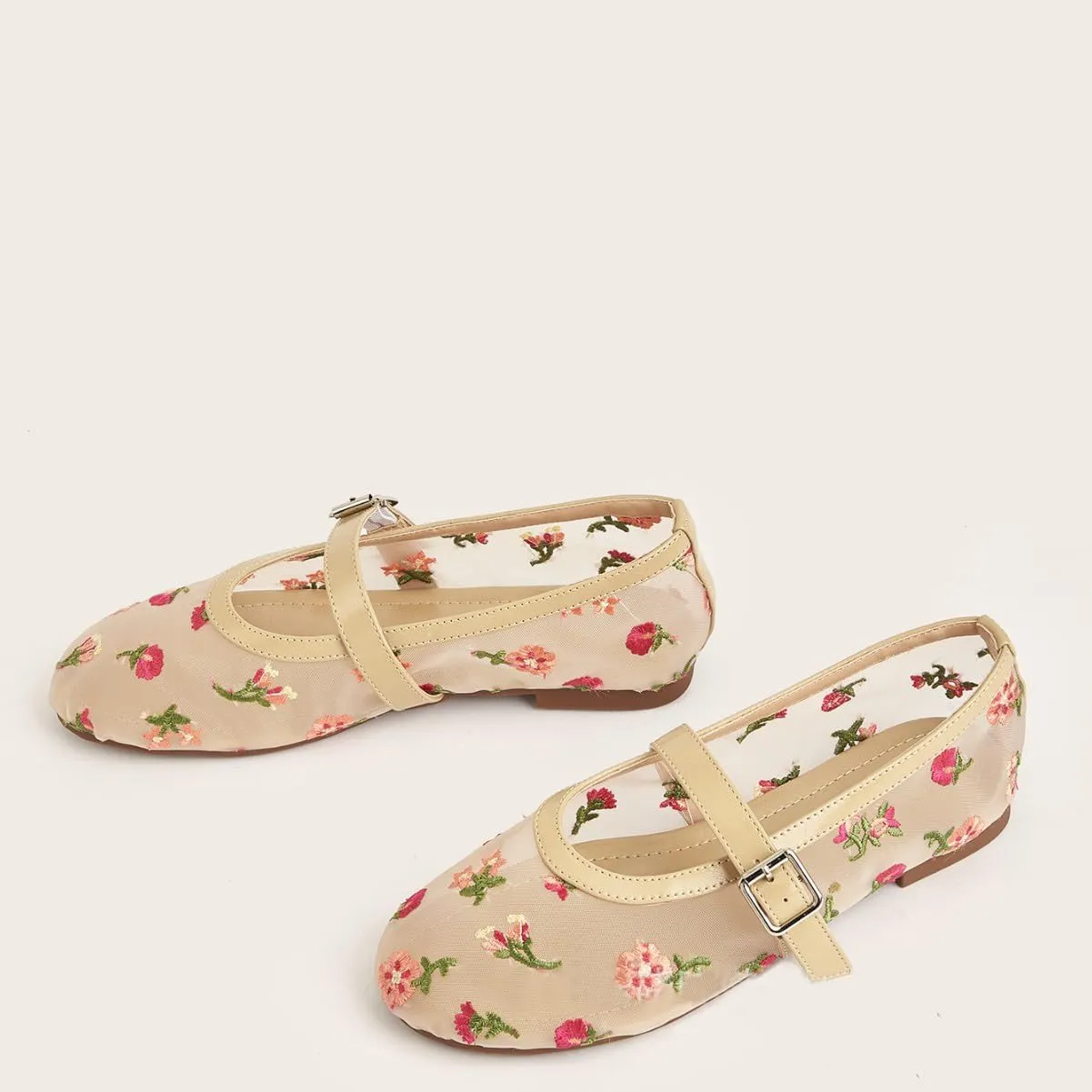 Apricot Mesh Ballet Flats for Women Floral Embroidered Mary Jane Shoes Comfortable Summer Dressy Ballerina Flats