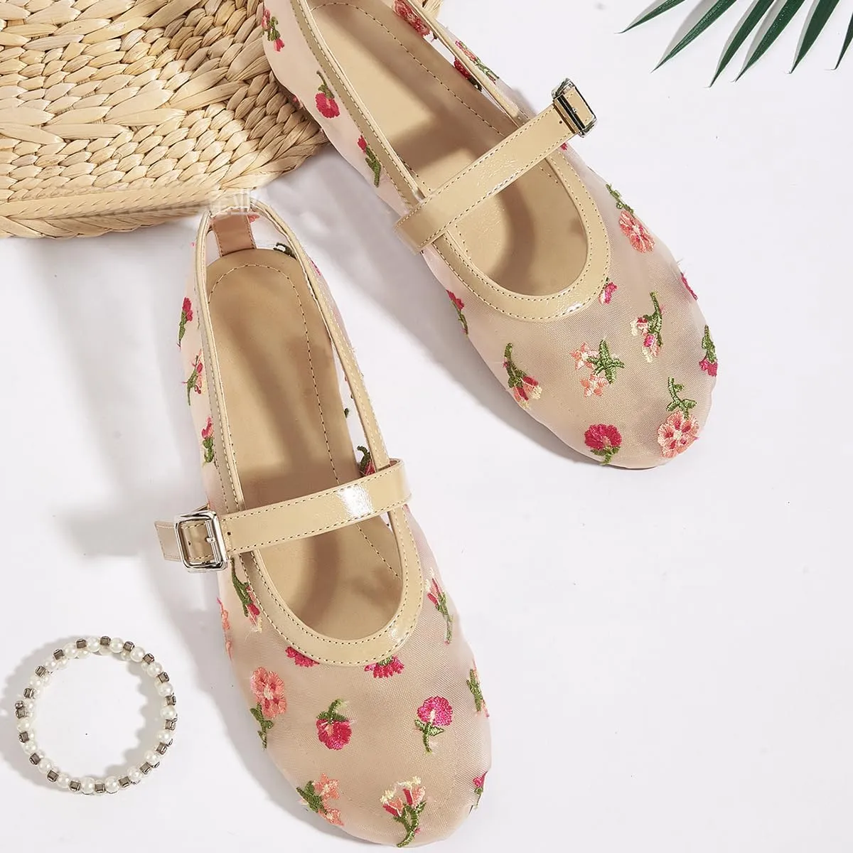 Apricot Mesh Ballet Flats for Women Floral Embroidered Mary Jane Shoes Comfortable Summer Dressy Ballerina Flats