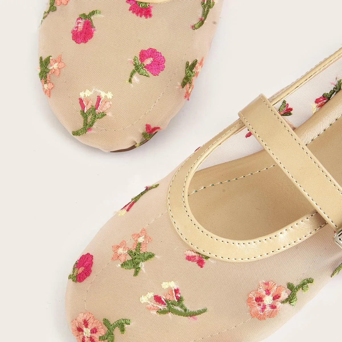 Apricot Mesh Ballet Flats for Women Floral Embroidered Mary Jane Shoes Comfortable Summer Dressy Ballerina Flats
