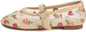 Apricot Mesh Ballet Flats for Women Floral Embroidered Mary Jane Shoes Comfortable Summer Dressy Ballerina Flats