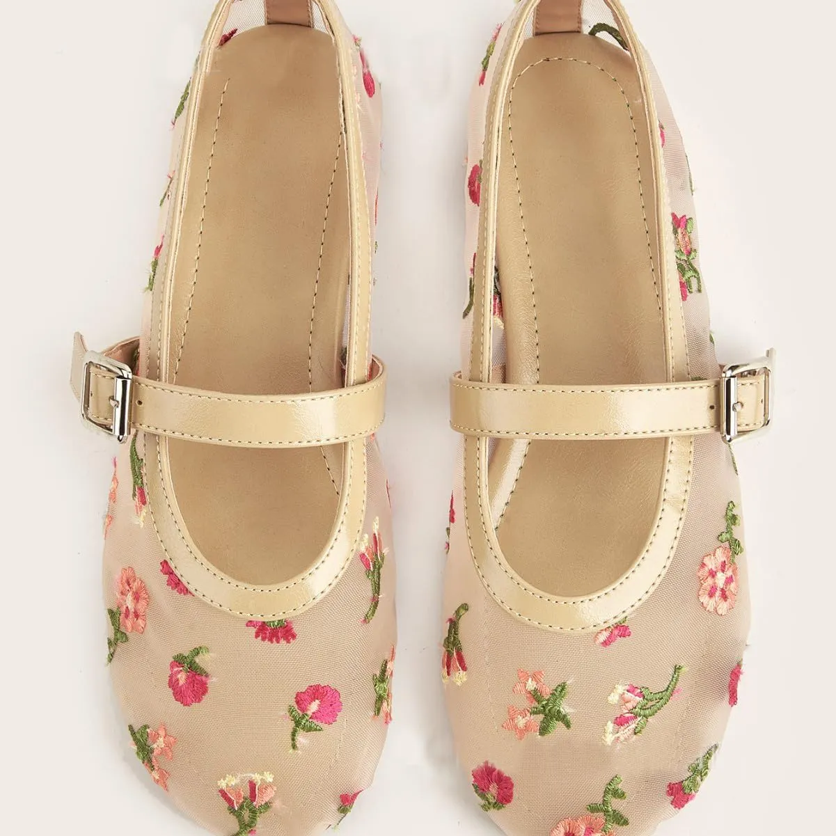 Apricot Mesh Ballet Flats for Women Floral Embroidered Mary Jane Shoes Comfortable Summer Dressy Ballerina Flats