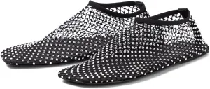 Arqa Crystals Mesh Flats for Women Rhinestone-Embellished Fishnet Sock Ballet Flat Shoes Comfort Casual Ballerina Shoes Black