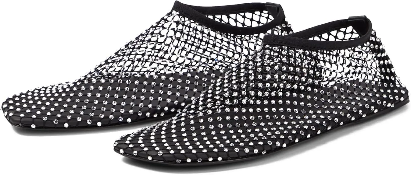 Arqa Crystals Mesh Flats for Women Rhinestone-Embellished Fishnet Sock Ballet Flat Shoes Comfort Casual Ballerina Shoes Black