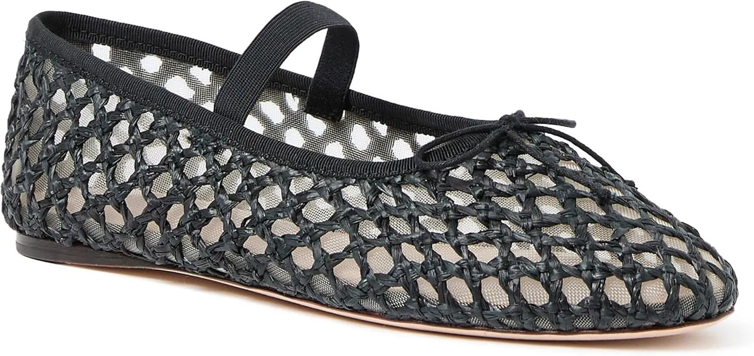 Arqa Women's Raffia Soft Ballet Flats Bow Tie Mesh Ballerina Shoes for Women Elastic Strap Braided Mary Jane Flat