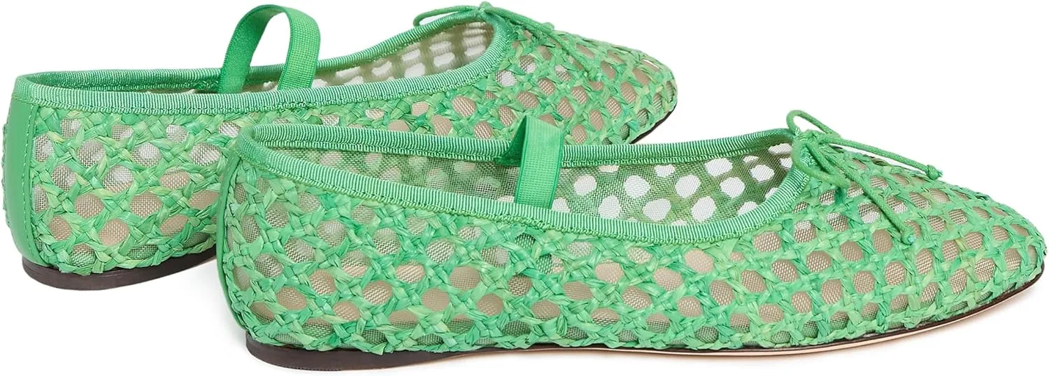 Arqa Women's Raffia Soft Ballet Flats Bow Tie Mesh Ballerina Shoes for Women Elastic Strap Braided Mary Jane Flat