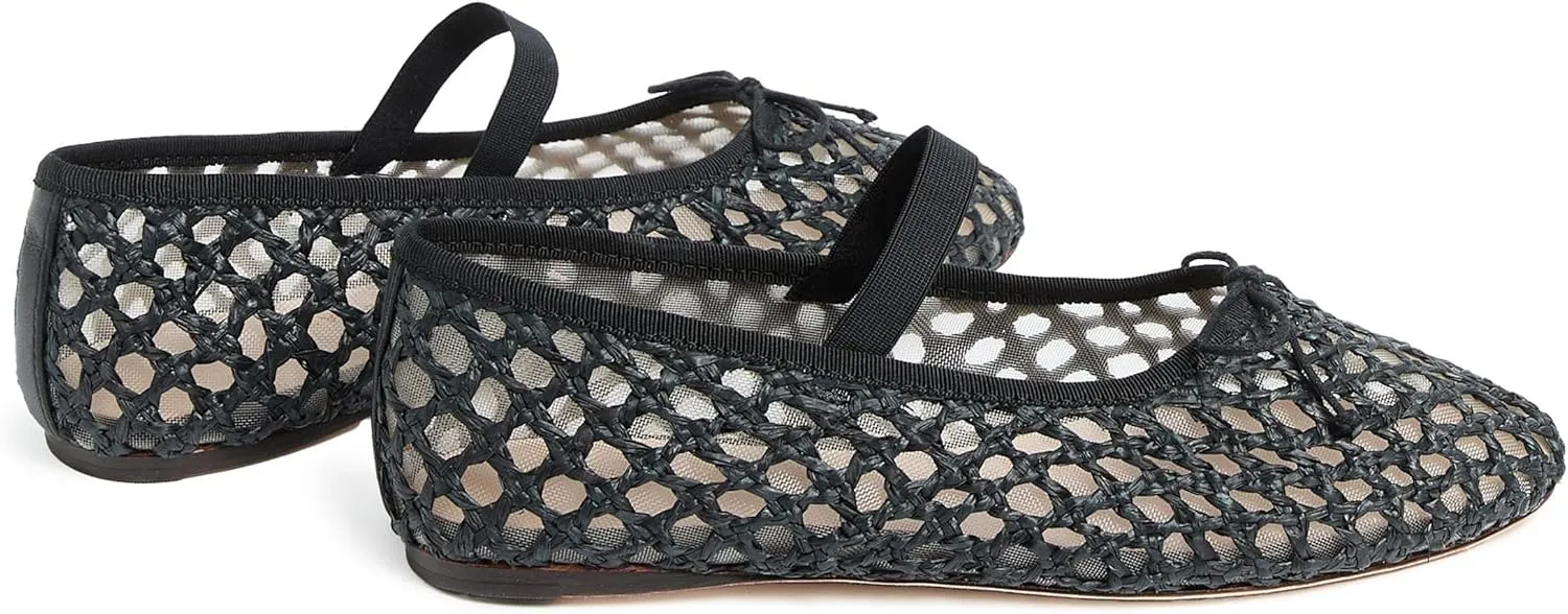 Arqa Women's Raffia Soft Ballet Flats Bow Tie Mesh Ballerina Shoes for Women Elastic Strap Braided Mary Jane Flat