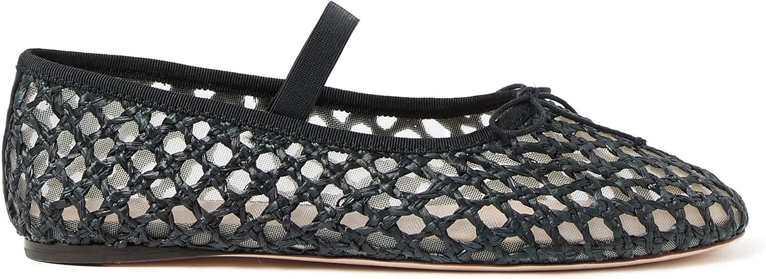Arqa Women's Raffia Soft Ballet Flats Bow Tie Mesh Ballerina Shoes for Women Elastic Strap Braided Mary Jane Flat