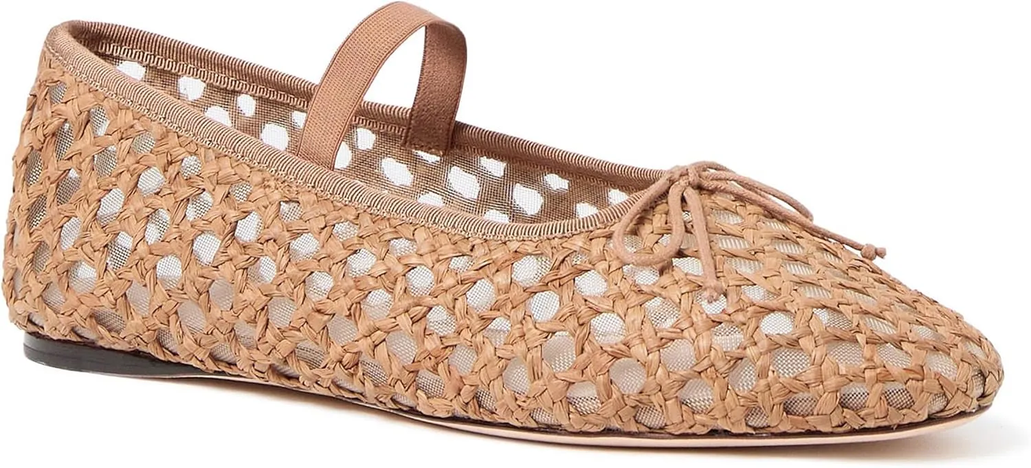 Arqa Women's Raffia Soft Ballet Flats Bow Tie Mesh Ballerina Shoes for Women Elastic Strap Braided Mary Jane Flat