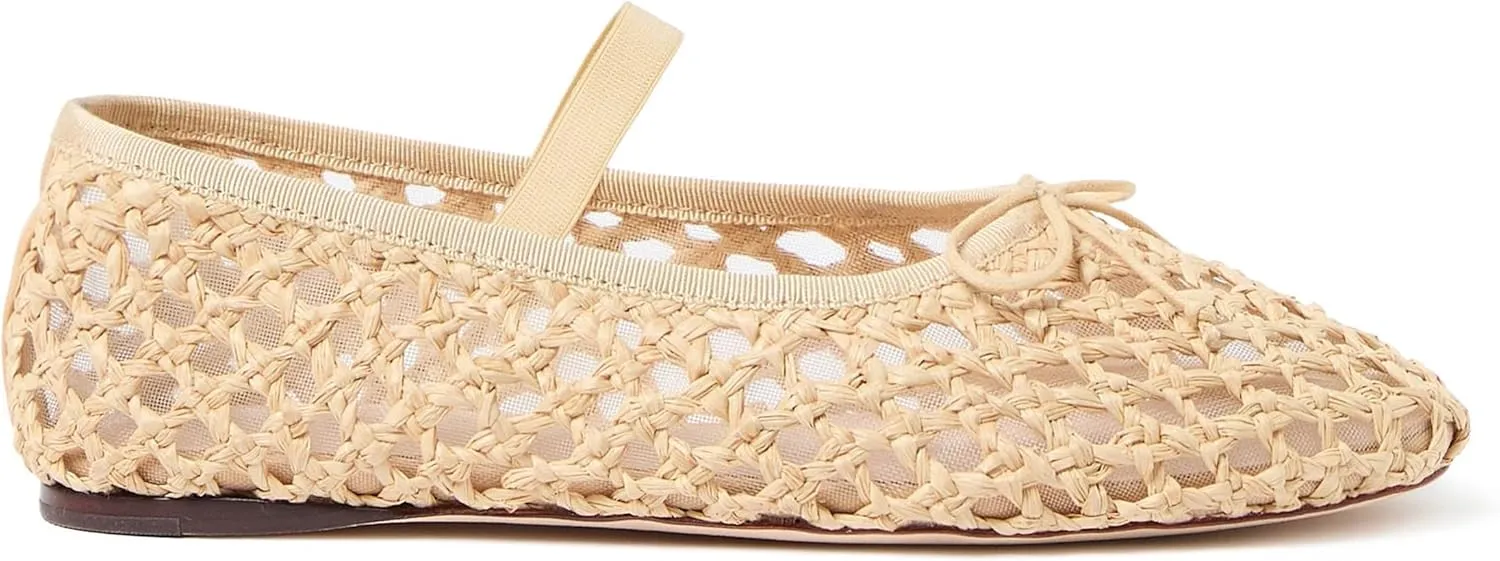 Arqa Women's Raffia Soft Ballet Flats Bow Tie Mesh Ballerina Shoes for Women Elastic Strap Braided Mary Jane Flat