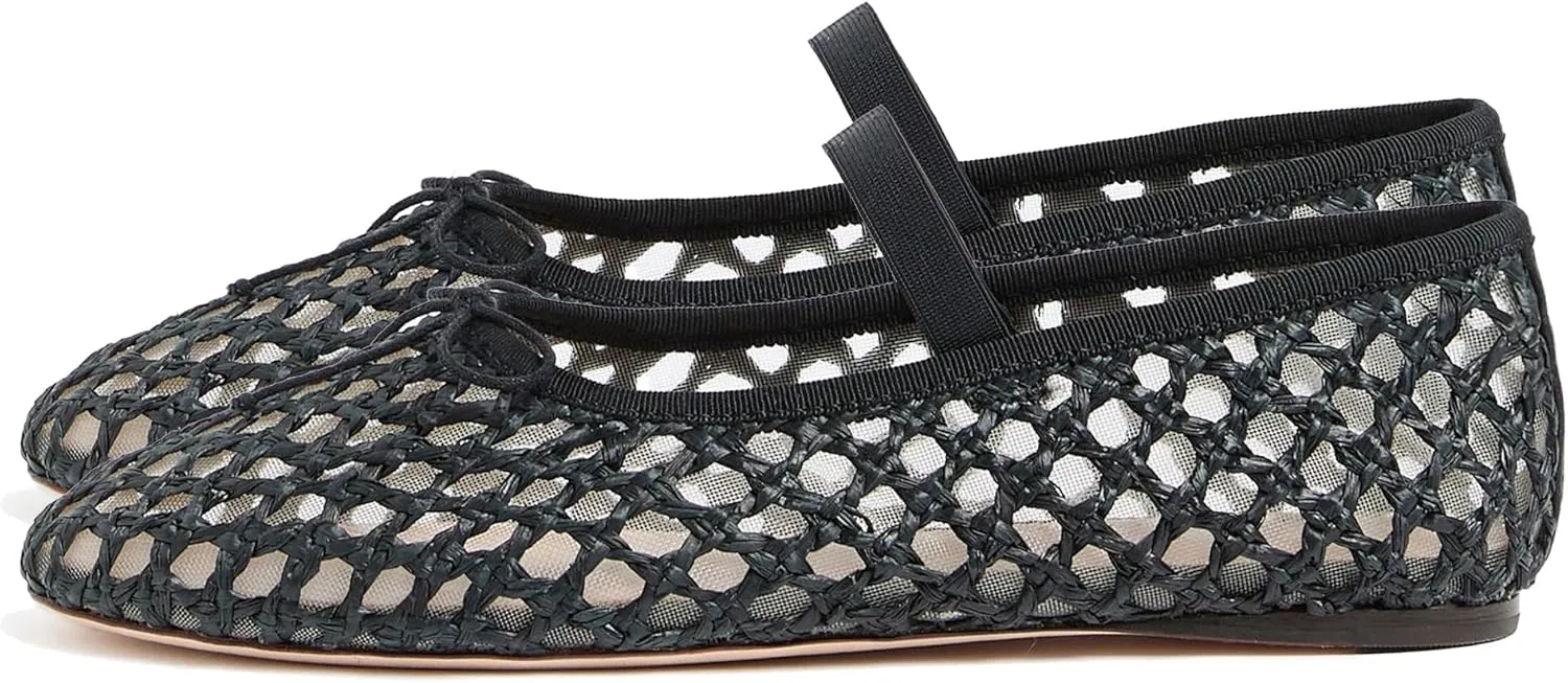 Arqa Women's Raffia Soft Ballet Flats Bow Tie Mesh Ballerina Shoes for Women Elastic Strap Braided Mary Jane Flat