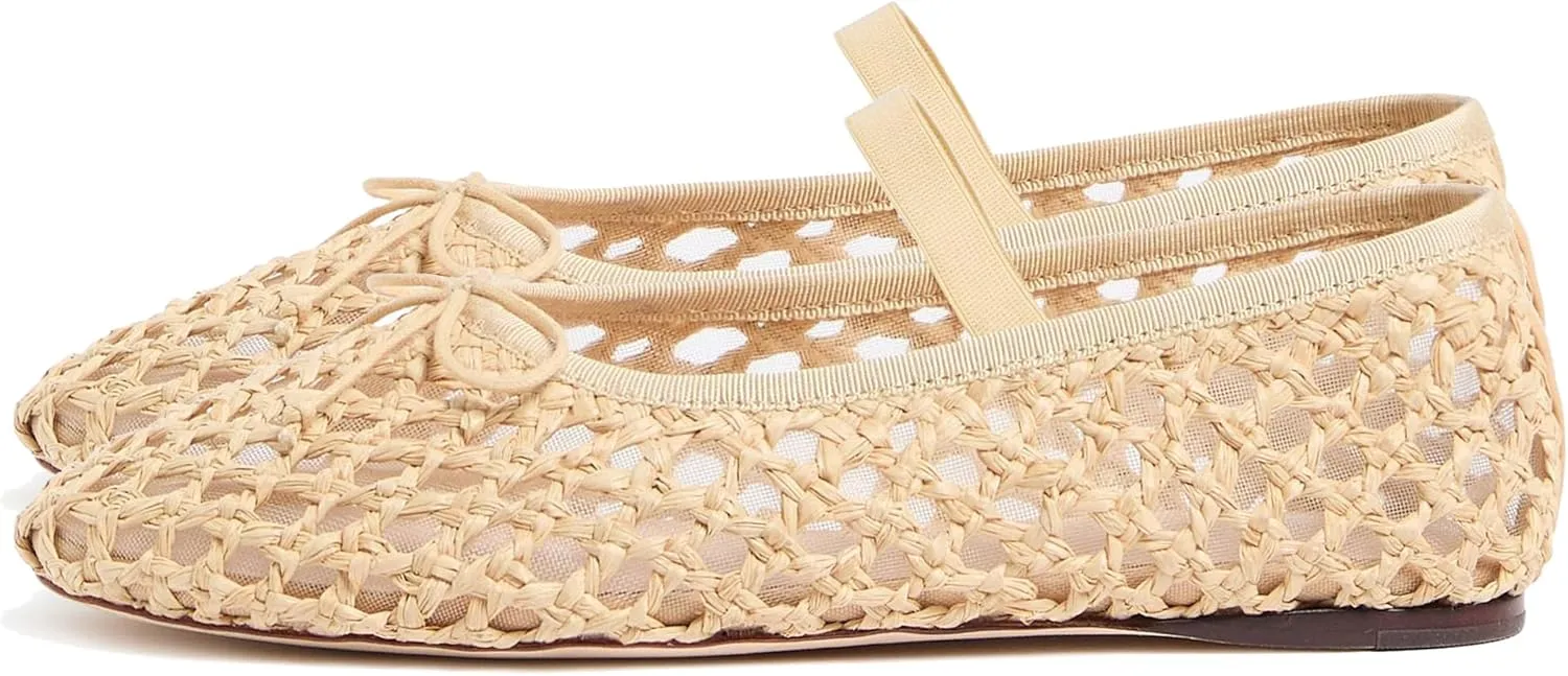 Arqa Women's Raffia Soft Ballet Flats Bow Tie Mesh Ballerina Shoes for Women Elastic Strap Braided Mary Jane Flat