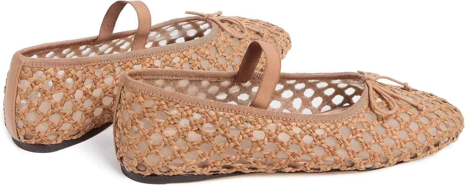 Arqa Women's Raffia Soft Ballet Flats Bow Tie Mesh Ballerina Shoes for Women Elastic Strap Braided Mary Jane Flat