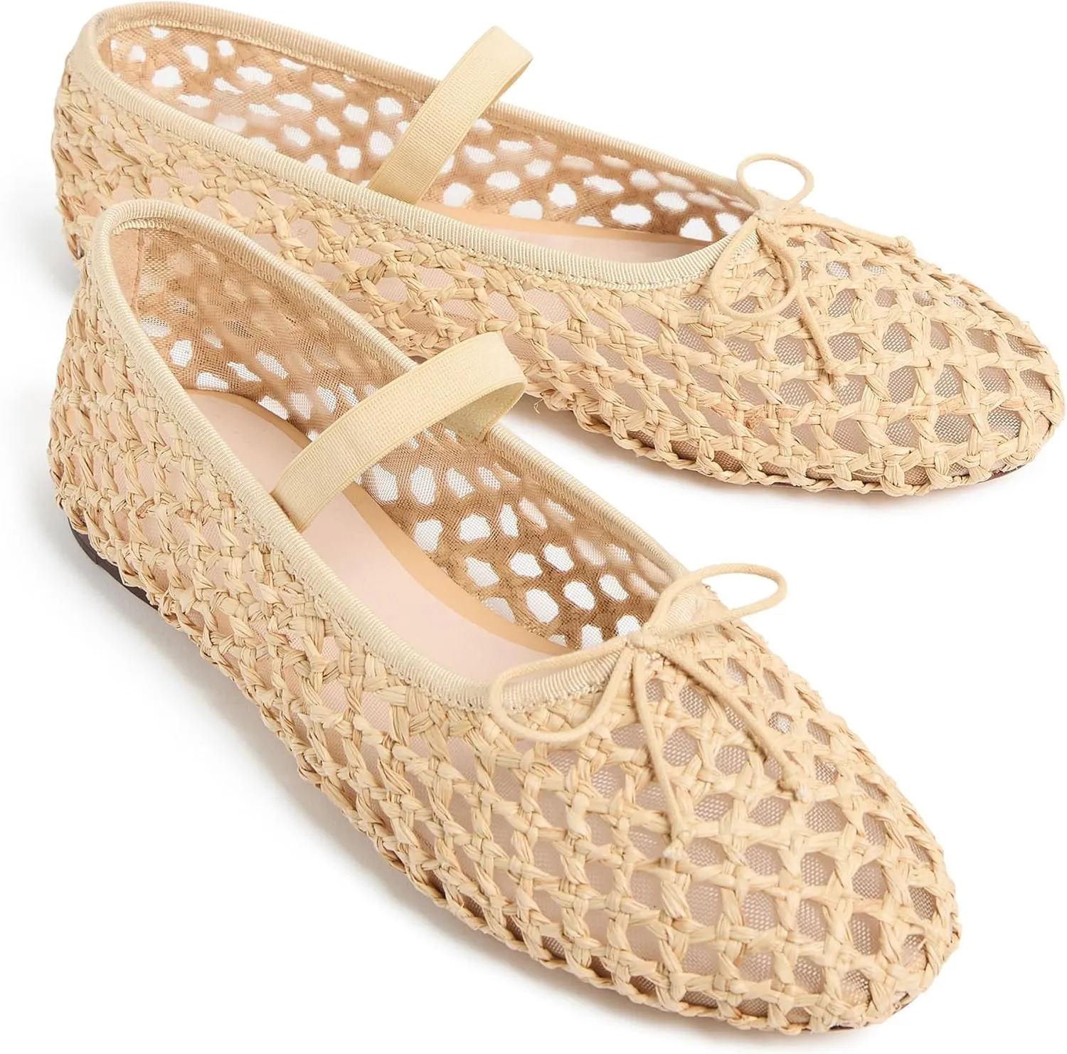 Arqa Women's Raffia Soft Ballet Flats Bow Tie Mesh Ballerina Shoes for Women Elastic Strap Braided Mary Jane Flat