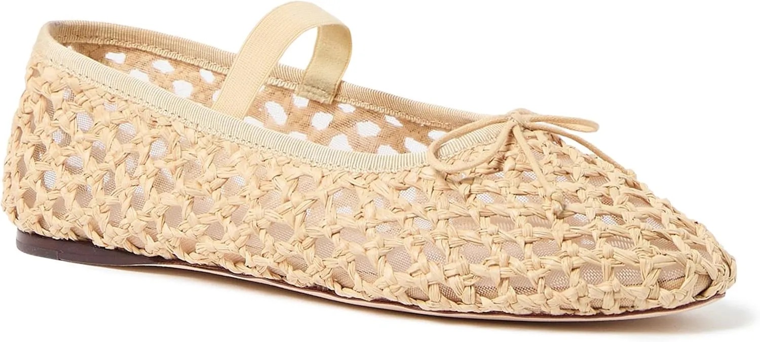 Arqa Women's Raffia Soft Ballet Flats Bow Tie Mesh Ballerina Shoes for Women Elastic Strap Braided Mary Jane Flat