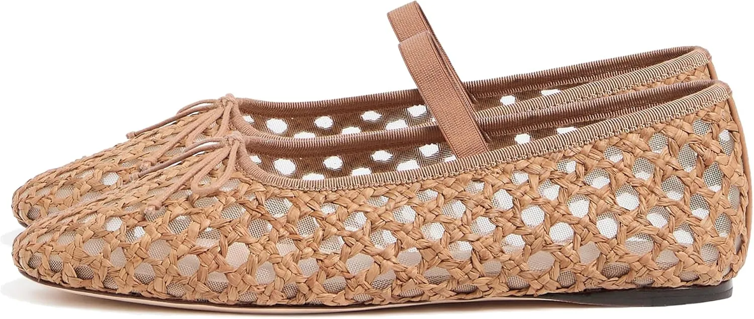 Arqa Women's Raffia Soft Ballet Flats Bow Tie Mesh Ballerina Shoes for Women Elastic Strap Braided Mary Jane Flat
